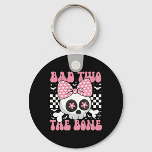 Bad Two The Bone Skull With Pink Bow For Halloween Key Ring