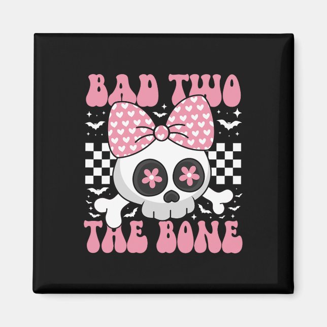Bad Two The Bone Skull With Pink Bow For Halloween Magnet (Front)