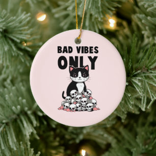 Bad Vibes Only – Cat & Skulls Ceramic Tree Decoration
