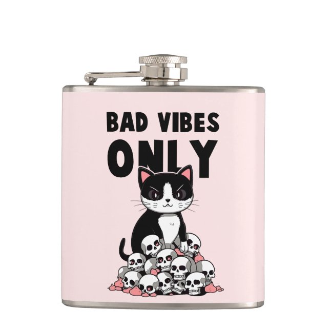 Bad Vibes Only – Cat & Skulls Hip Flask (Front)