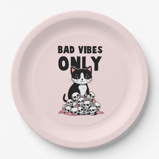 Bad Vibes Only – Cat & Skulls Paper Plate (Front)