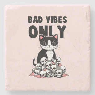 Bad Vibes Only – Cat & Skulls Stone Coaster