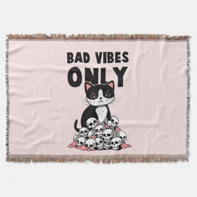 Bad Vibes Only – Cat & Skulls Throw Blanket (Front)