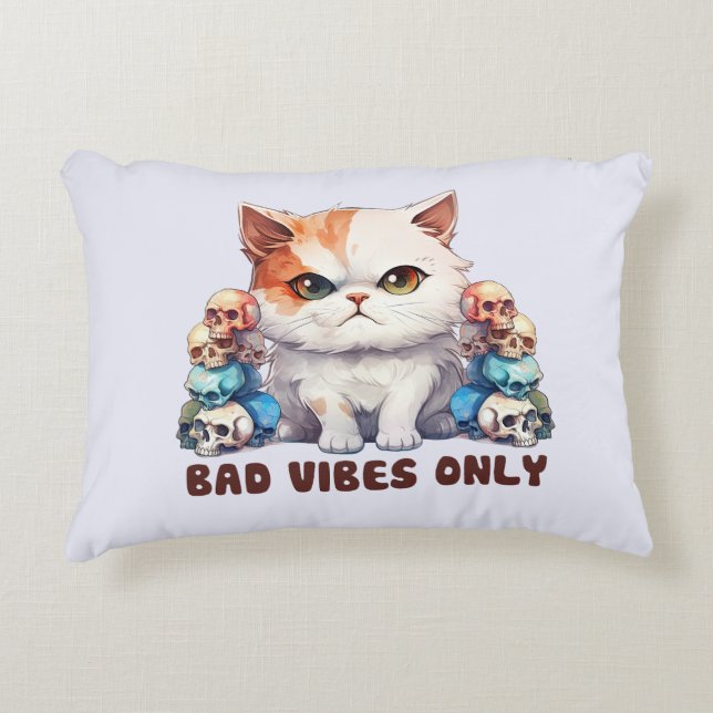 Bad Vibes Only – Fierce Cat & Skulls Gothic Design Decorative Cushion (Front)