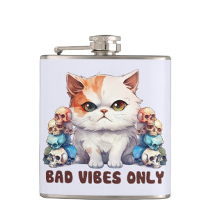 Bad Vibes Only – Fierce Cat & Skulls Gothic Design Hip Flask