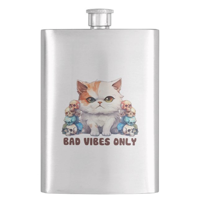 Bad Vibes Only – Fierce Cat & Skulls Gothic Design Hip Flask (Front)