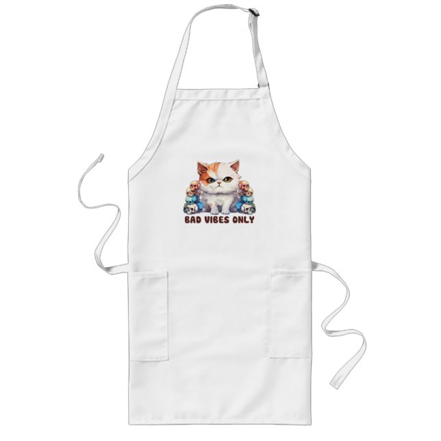 Bad Vibes Only – Fierce Cat & Skulls Gothic Design Long Apron (Front)