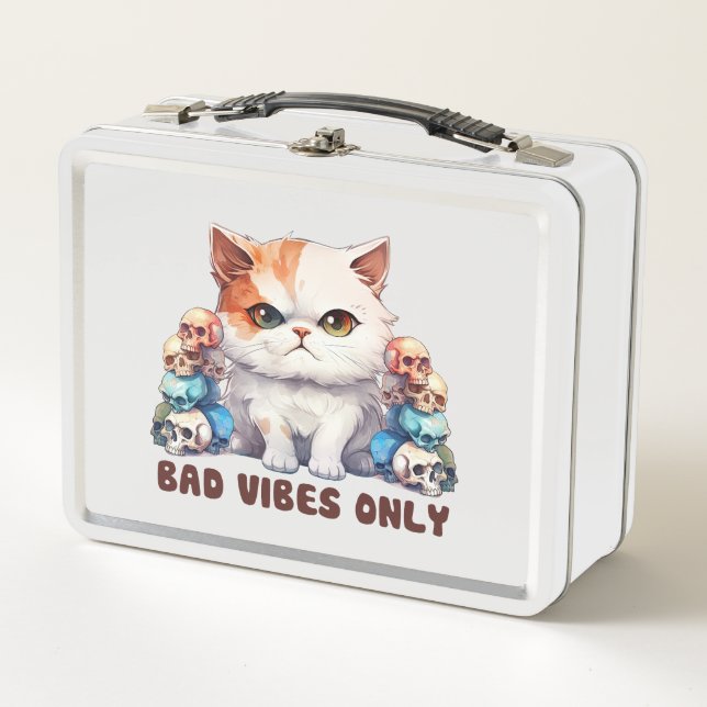 Bad Vibes Only – Fierce Cat & Skulls Gothic Design Metal Lunch Box (Front)
