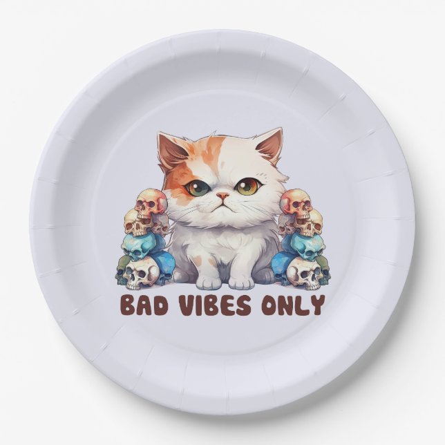 Bad Vibes Only – Fierce Cat & Skulls Gothic Design Paper Plate (Front)