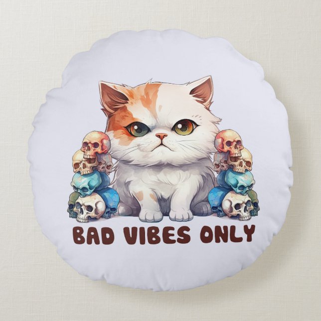 Bad Vibes Only – Fierce Cat & Skulls Gothic Design Round Cushion (Front)