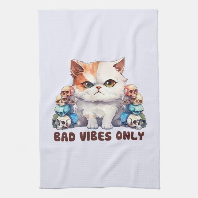Bad Vibes Only – Fierce Cat & Skulls Gothic Design Tea Towel (Vertical)