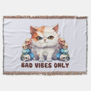 Bad Vibes Only – Fierce Cat & Skulls Gothic Design Throw Blanket