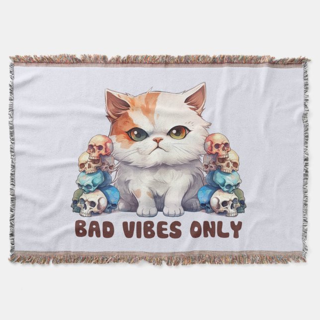 Bad Vibes Only – Fierce Cat & Skulls Gothic Design Throw Blanket (Front)