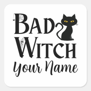 Bad Witch Black Cat Halloween Square Sticker