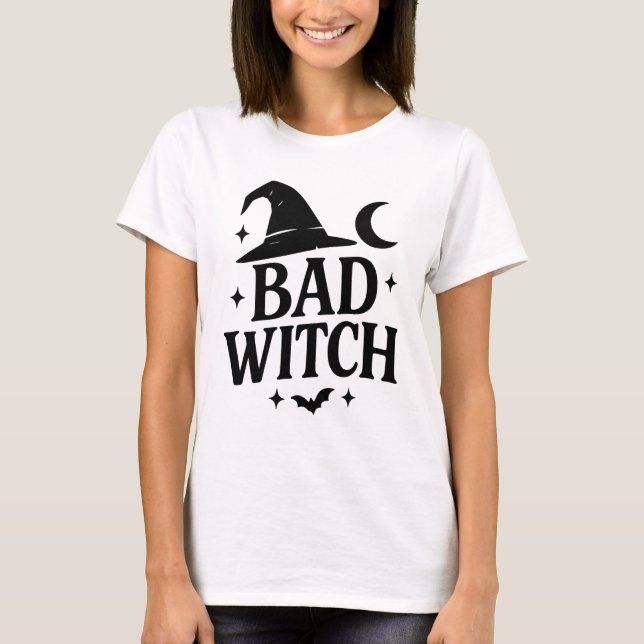 Bad Witch | Black & White Minimalist Women’s Hallo T-Shirt (Front)