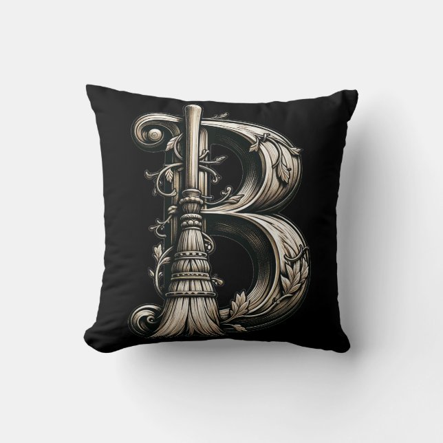Bad Witch Witchy Broom Letter B Custom Initial  Cushion (Front)