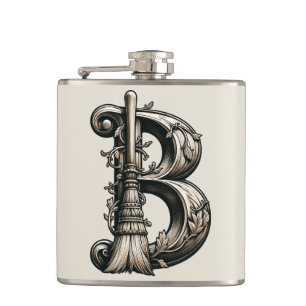 Bad Witch Witchy Broom Letter B Custom Initial Hip Flask