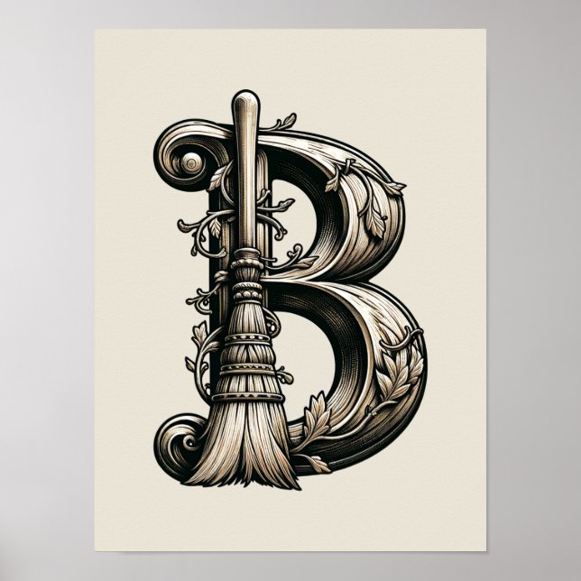 Bad Witch Witchy Broom Letter B Custom Initial  Poster (Front)