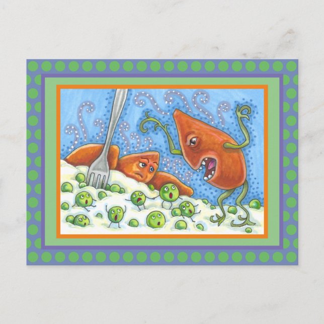 BAD YAM YELLING AT PEAS, FUNNY THANKSGIVING MEAL POSTCARD (Front)