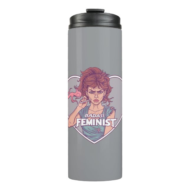 BADASS FEMINIST, cartoon Thermal Tumbler (Front)