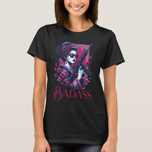 Badass Rebel Japan Geisha Girl Machine Gun Floral T-Shirt (Front)