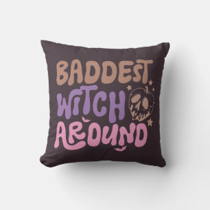 Baddest Witch Around Skull Stars Brown Halloween Cushion