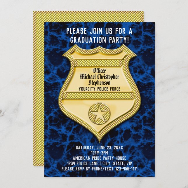 Badge Blue Marble Police Graduation Party Invitation (Front/Back)