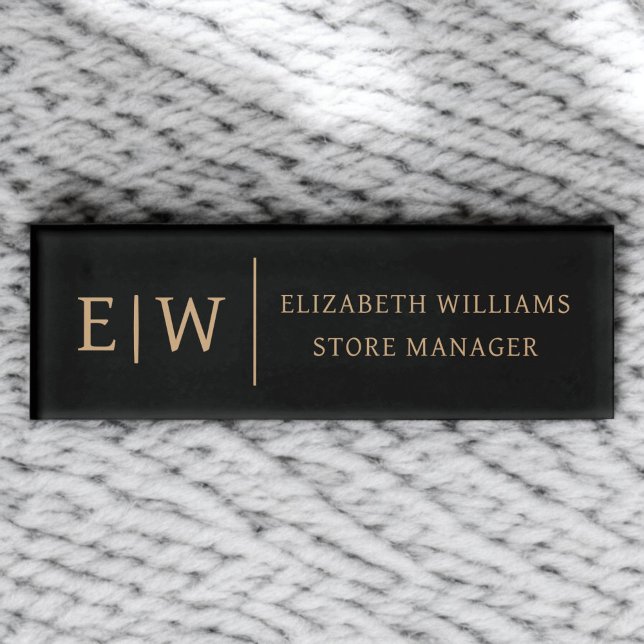 Badge Magnet Black Gold Monogram Employee Name Tag (Creator Uploaded)