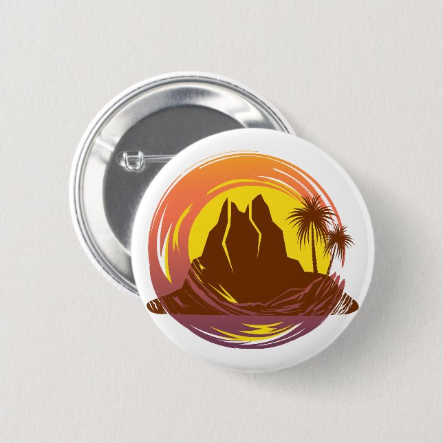 Badge with tropical volcano scenery and palm trees (Front & Back)