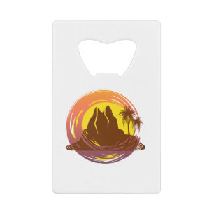 Badge with tropical volcano scenery and palm trees