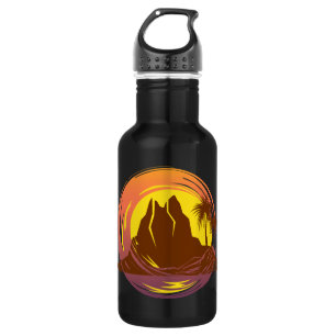 Badge with tropical volcano scenery and palm trees 532 ml water bottle