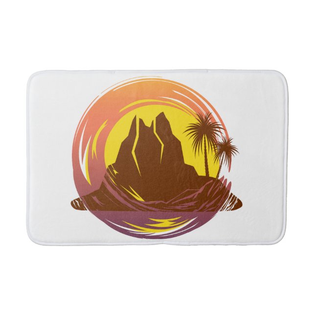 Badge with tropical volcano scenery and palm trees bath mat (Front)