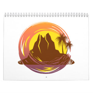 Badge with tropical volcano scenery and palm trees calendar