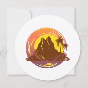Badge with tropical volcano scenery and palm trees card