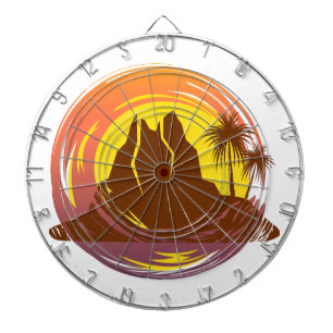 Badge with tropical volcano scenery and palm trees dartboard