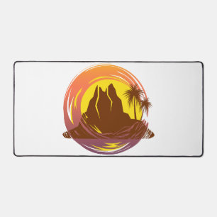 Badge with tropical volcano scenery and palm trees desk mat