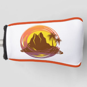 Badge with tropical volcano scenery and palm trees golf head cover