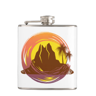 Badge with tropical volcano scenery and palm trees hip flask