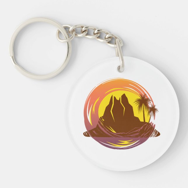Badge with tropical volcano scenery and palm trees key ring (Front)