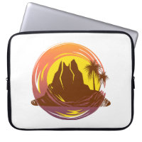 Badge with tropical volcano scenery and palm trees
