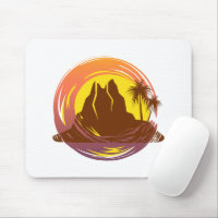 Badge with tropical volcano scenery and palm trees