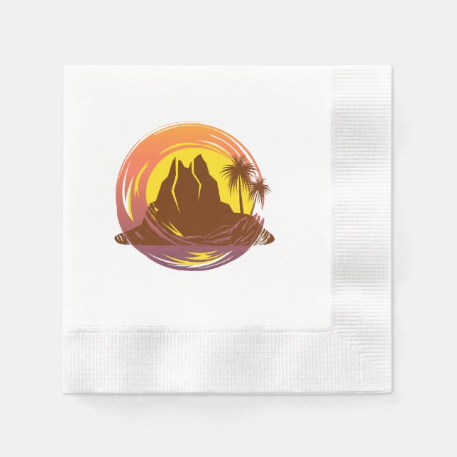 Badge with tropical volcano scenery and palm trees napkin (Front)
