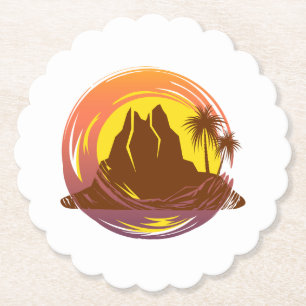 Badge with tropical volcano scenery and palm trees paper coaster
