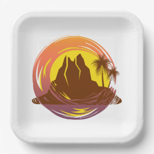 Badge with tropical volcano scenery and palm trees paper plate