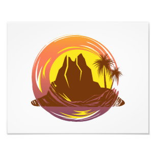 Badge with tropical volcano scenery and palm trees photo print