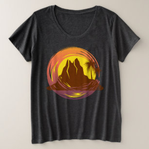 Badge with tropical volcano scenery and palm trees plus size T-Shirt