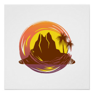Badge with tropical volcano scenery and palm trees poster