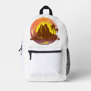 Badge with tropical volcano scenery and palm trees printed backpack