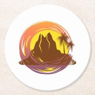Badge with tropical volcano scenery and palm trees round paper coaster