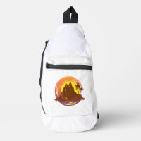 Badge with tropical volcano scenery and palm trees